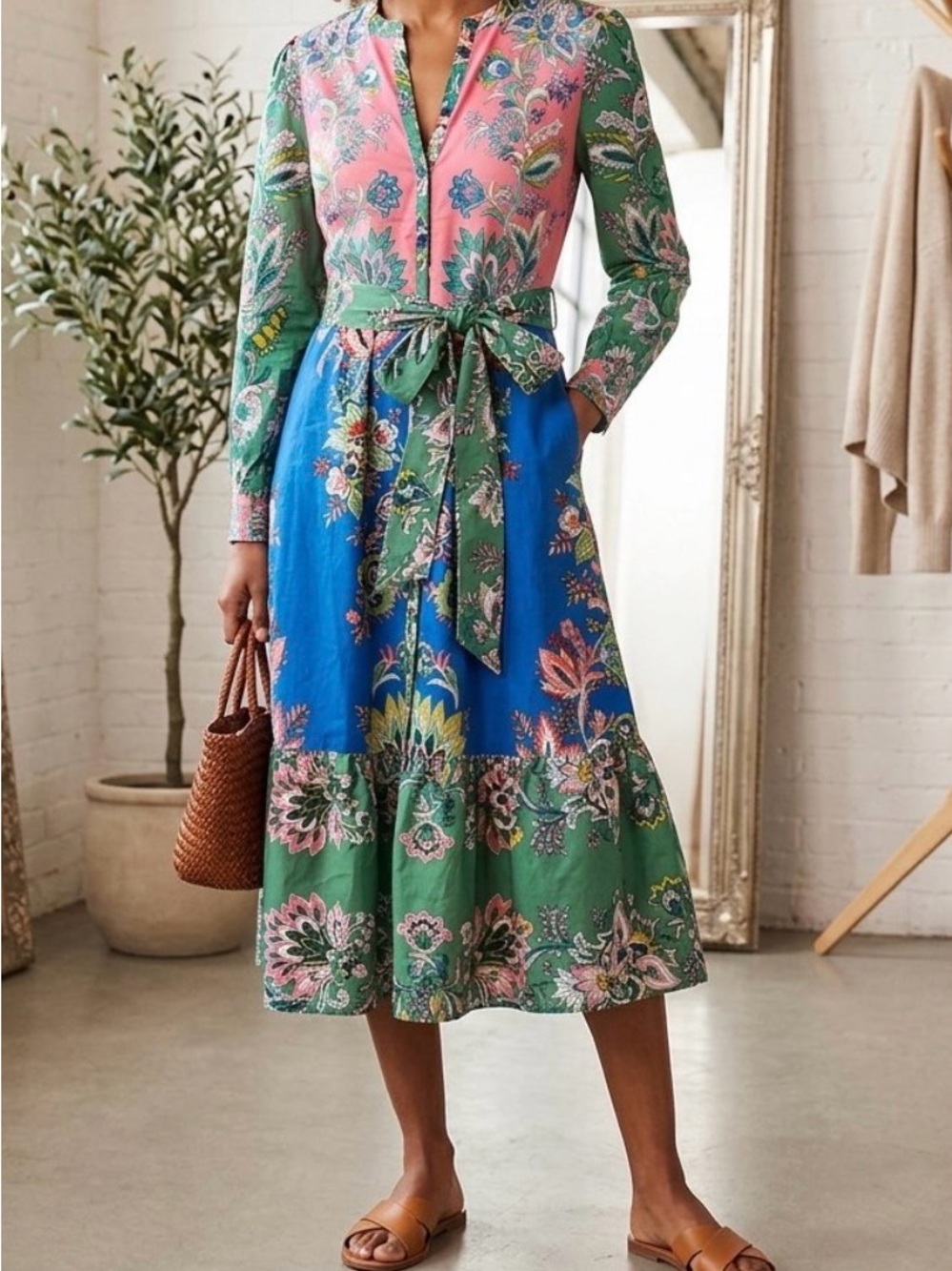 Boden Floral Colorblock Midi Dress in Pink, Green & Blue